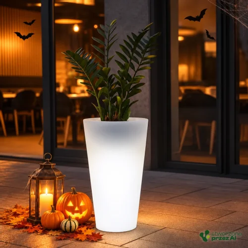 Podświetlana donica Della 40x75h wysoka Della – jesienna aranżacja Halloween (AI)