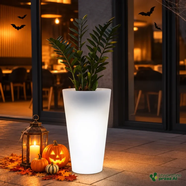 Podświetlana donica Della 40x75h wysoka Della – jesienna aranżacja Halloween (AI)
