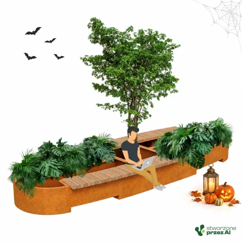 Ławko-donica miejska ze stali CORTEN BASTIDOR 4 | szer. 480 x 150 cm | wys. 44 cm | – jesienna aranżacja Halloween (AI)