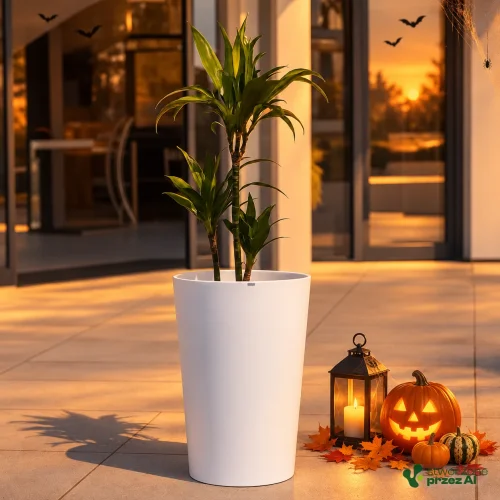 Wysoka donica ogrodowa Uran L | wys. 60 cm | śr. 44 cm | – jesienna aranżacja Halloween (AI)
