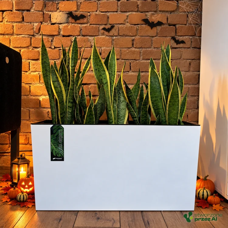 Donica prostokątna 77x23x40h DUC800M biała – jesienna aranżacja Halloween (AI)