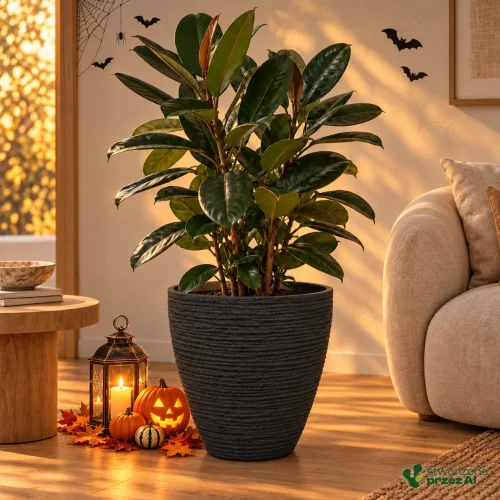 Donica Defora 48x48h TDEO48 czarny węgiel – jesienna aranżacja Halloween (AI)