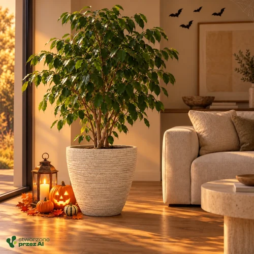 Donica Defora 60x60h TDEO60 piasek – jesienna aranżacja Halloween (AI)