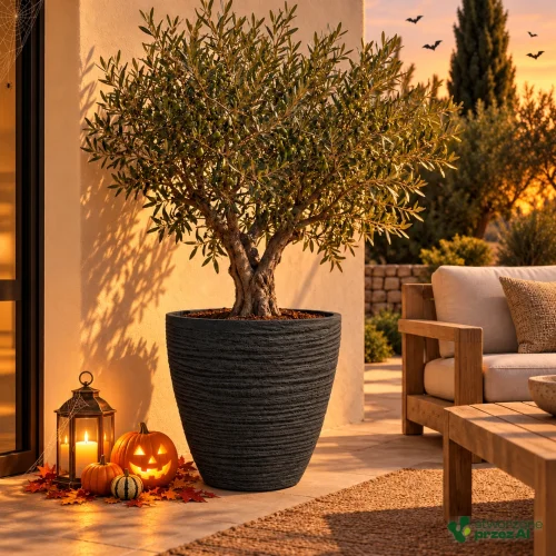 Donica Defora 60x60h TDEO60 czarny węgiel – jesienna aranżacja Halloween (AI)