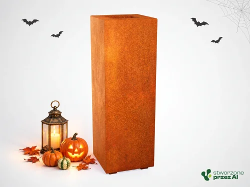 Donica metalowa - Corten ALTO 1 | wys. 90 cm, szer. 30 x 30 cm | – jesienna aranżacja Halloween (AI)