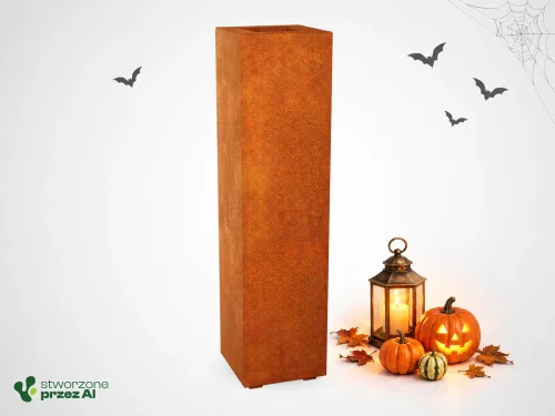 Donica metalowa - Corten ALTO 2 [30x30x120cm] – jesienna aranżacja Halloween (AI)