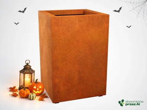 Donica metalowa - Corten ALTO 3 [60x60x90cm] – jesienna aranżacja Halloween (AI)