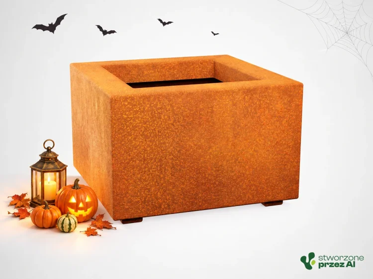 Donica metalowa - Corten BAJO 1 | wys. 30 cm, szer. 45 x 45 cm | – jesienna aranżacja Halloween (AI)
