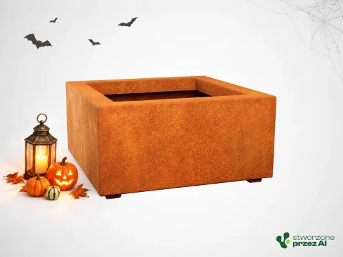 Donica metalowa - Corten BAJO 2 | wys. 30 cm, szer. 60 x 60 cm | – jesienna aranżacja Halloween (AI)