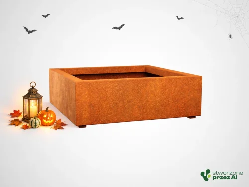 Donica metalowa - Corten BAJO 3 | wys. 30 cm, szer. 90 x 90 cm | – jesienna aranżacja Halloween (AI)