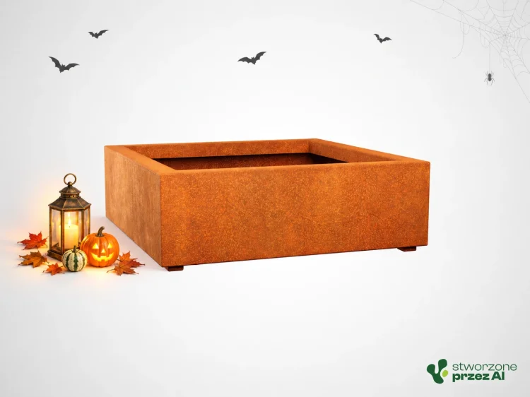 Donica metalowa - Corten BAJO 3 | wys. 30 cm, szer. 90 x 90 cm | – jesienna aranżacja Halloween (AI)