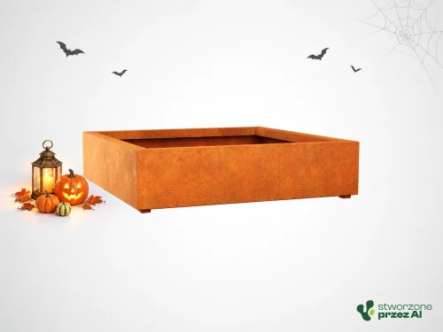 Donica metalowa - Corten BAJO 4 | wys. 30 cm, szer. 120 x 120 cm | – jesienna aranżacja Halloween (AI)