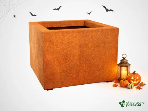 Donica metalowa - Corten BAJO 5 | wys. 45 cm, szer. 60 x 60 cm | – jesienna aranżacja Halloween (AI)