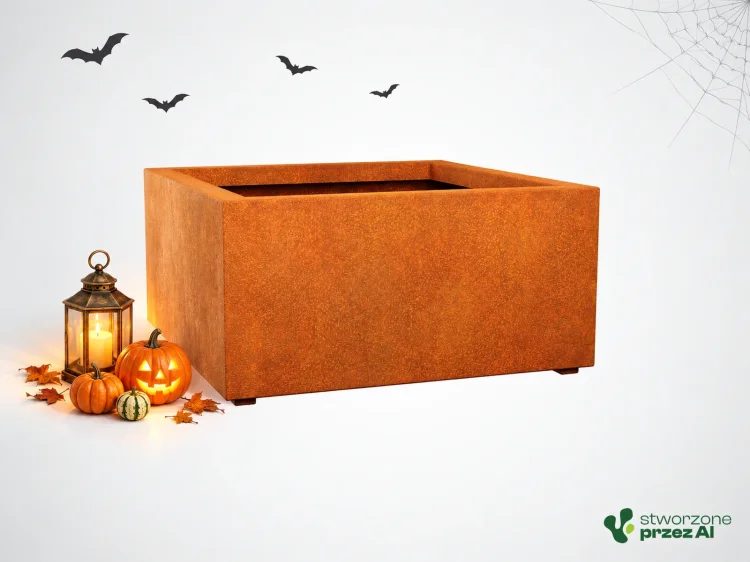 Donica metalowa - Corten BAJO 6  | wys. 50 cm, szer. 90 x 90 cm | – jesienna aranżacja Halloween (AI)