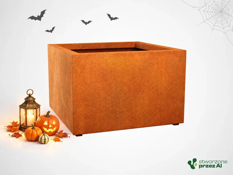 Donica metalowa - Corten BAJO 8  | wys. 60 cm, szer. 90 x 90 cm | – jesienna aranżacja Halloween (AI)