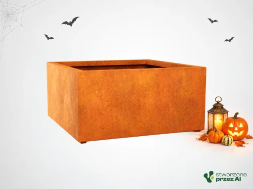 Donica metalowa - Corten BAJO 9 | wys. 60 cm, szer. 120 x 120 cm | – jesienna aranżacja Halloween (AI)
