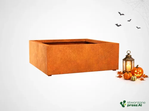 Donica metalowa - Corten BAJO 7  | wys. 45 cm, szer. 120 x 120 cm | – jesienna aranżacja Halloween (AI)