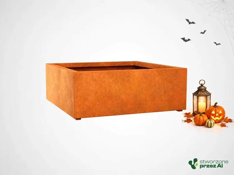Donica metalowa - Corten BAJO 7  | wys. 45 cm, szer. 120 x 120 cm | – jesienna aranżacja Halloween (AI)