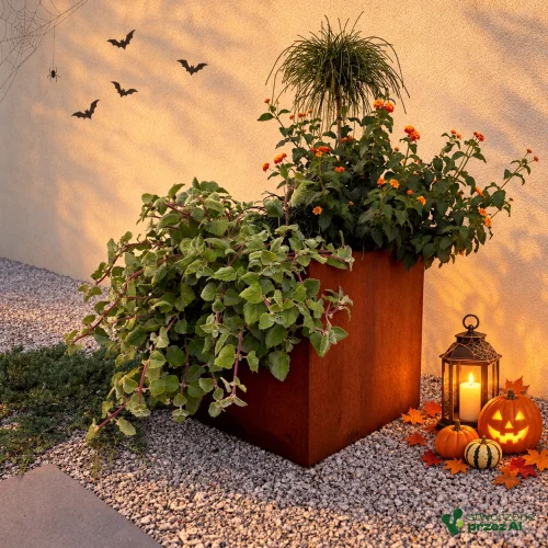 Donica metalowa - Corten CUBO 1 | szer. 30 x 30 cm | wys. 30 cm | – jesienna aranżacja Halloween (AI)