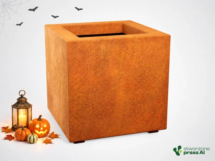 Donica metalowa - Corten CUBO 2 | wys. 45 cm, szer. 45 x 45 cm | – jesienna aranżacja Halloween (AI)
