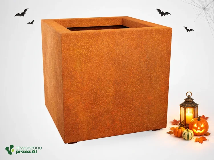 Donica metalowa - Corten CUBO 3 | wys. 60 cm, szer. 60 x 60 cm | – jesienna aranżacja Halloween (AI)