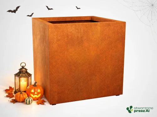 Donica metalowa - Corten CUBO 4  | wys. 90 cm, szer. 90 x 90 cm | – jesienna aranżacja Halloween (AI)