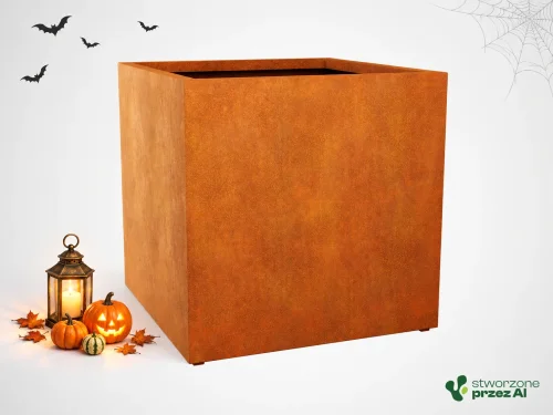 Donica metalowa - Corten CUBO 5   | wys. 120 cm, szer. 120 x 120 cm | – jesienna aranżacja Halloween (AI)