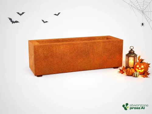 Donica metalowa - Corten LARGO 1  | wys. 30 cm, szer. 120 x 30 cm | – jesienna aranżacja Halloween (AI)