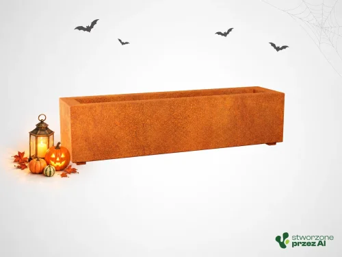 Donica metalowa - Corten LARGO 2  | wys. 30 cm, szer. 120 x 30 cm | – jesienna aranżacja Halloween (AI)