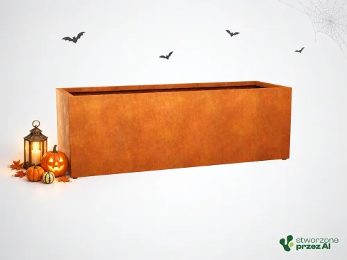 Donica metalowa - Corten LARGO 11  | wys. 90 cm, szer. 270 x 90 cm | – jesienna aranżacja Halloween (AI)