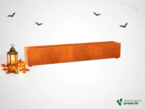 Donica metalowa - Corten LARGO 3  | wys. 930 cm, szer. 180 x 30 cm | – jesienna aranżacja Halloween (AI)