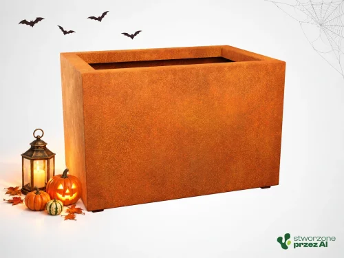 Donica metalowa - Corten LARGO 5  | wys. 60 cm, szer. 90 x 60 cm | – jesienna aranżacja Halloween (AI)