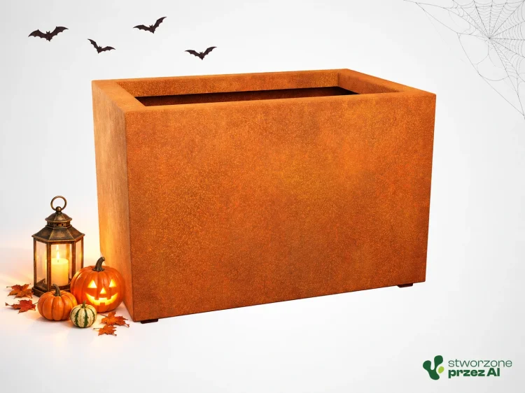 Donica metalowa - Corten LARGO 5  | wys. 60 cm, szer. 90 x 60 cm | – jesienna aranżacja Halloween (AI)