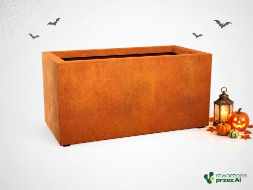 Donica metalowa - Corten LARGO 6  | wys. 60 cm, szer. 120 x 60 cm | – jesienna aranżacja Halloween (AI)