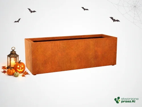 Donica metalowa - Corten LARGO 7  | wys. 60 cm, szer. 180 x 60 cm | – jesienna aranżacja Halloween (AI)