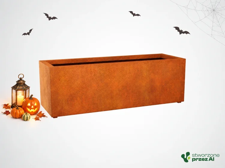 Donica metalowa - Corten LARGO 7  | wys. 60 cm, szer. 180 x 60 cm | – jesienna aranżacja Halloween (AI)