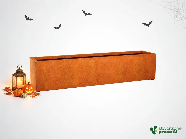 Donica metalowa - Corten LARGO 8  | wys. 60 cm, szer. 270 x 60 cm | – jesienna aranżacja Halloween (AI)