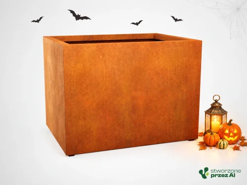Donica metalowa - Corten LARGO 9  | wys. 90 cm, szer. 120 x 90 cm | – jesienna aranżacja Halloween (AI)