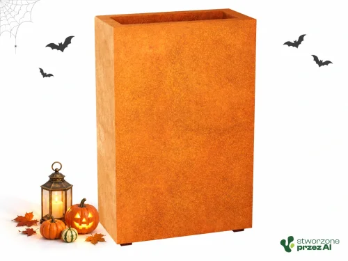 Donica metalowa Corten ESTRECHO 1  | wys. 90 cm, szer. 30 x 60 cm | – jesienna aranżacja Halloween (AI)