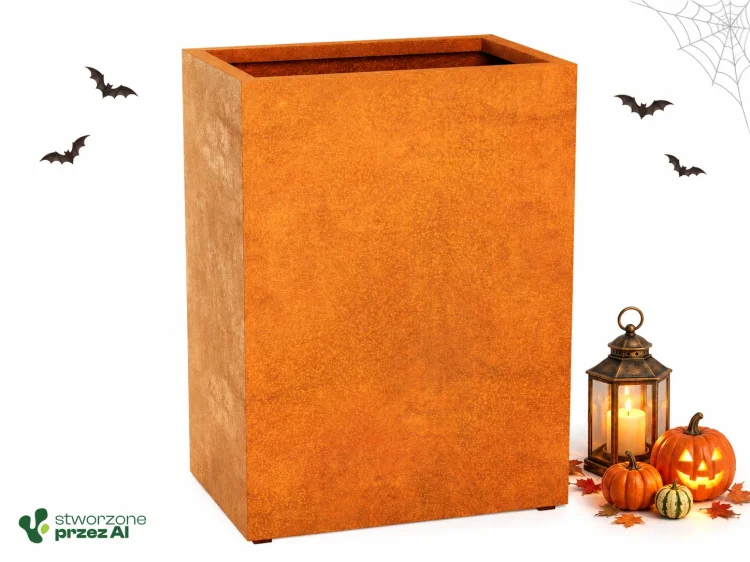 Donica metalowa Corten ESTRECHO 11  | wys. 120 cm, szer. 90 x 60 cm | – jesienna aranżacja Halloween (AI)