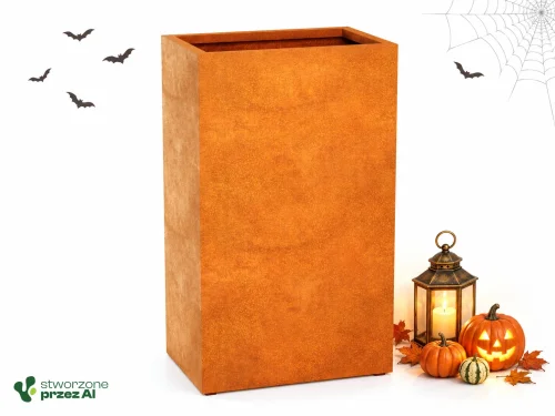 Donica metalowa Corten ESTRECHO 12  | wys. 150 cm, szer. 90 x 60 cm | – jesienna aranżacja Halloween (AI)