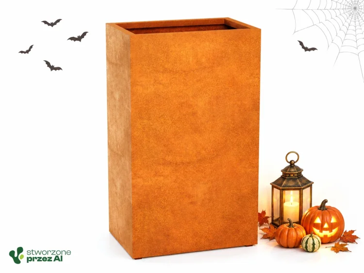 Donica metalowa Corten ESTRECHO 12  | wys. 150 cm, szer. 90 x 60 cm | – jesienna aranżacja Halloween (AI)