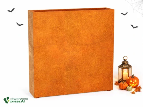 Donica metalowa Corten ESTRECHO 14  | wys. 120 cm, szer. 120 x 30 cm | – jesienna aranżacja Halloween (AI)