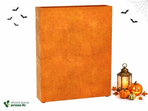 Donica metalowa Corten ESTRECHO 15  | wys. 150 cm, szer. 120 x 30 cm | – jesienna aranżacja Halloween (AI)