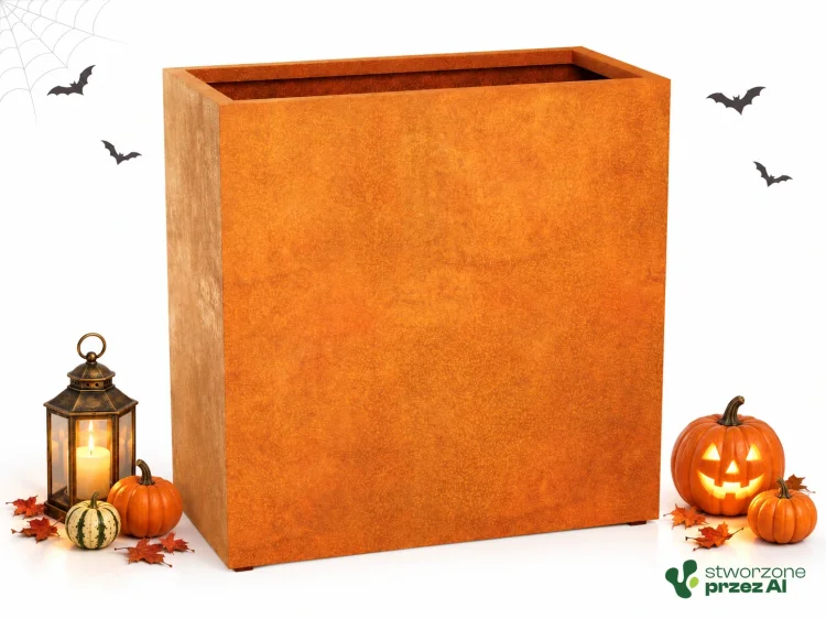 Donica metalowa Corten ESTRECHO 16  | wys. 90 cm, szer. 120 x 60 cm | – jesienna aranżacja Halloween (AI)
