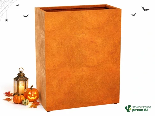Donica metalowa Corten ESTRECHO 17  | wys. 120 cm, szer. 120 x 60 cm | – jesienna aranżacja Halloween (AI)