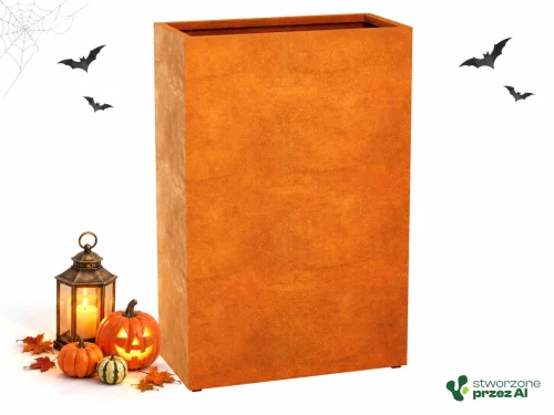 Donica metalowa Corten ESTRECHO 18  | wys. 150 cm, szer. 120 x 60 cm | – jesienna aranżacja Halloween (AI)