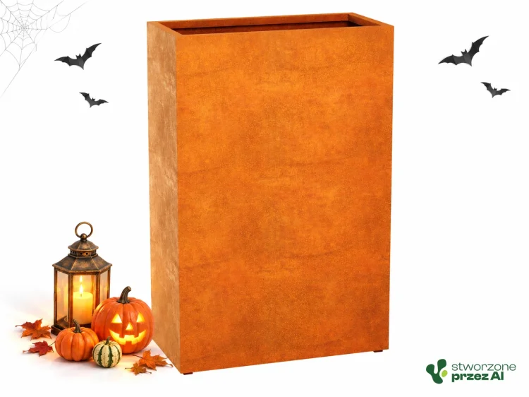 Donica metalowa Corten ESTRECHO 18  | wys. 150 cm, szer. 120 x 60 cm | – jesienna aranżacja Halloween (AI)