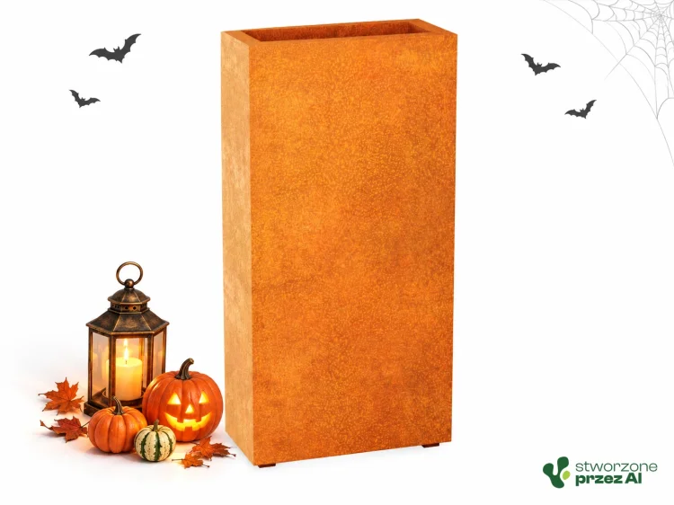 Donica metalowa Corten ESTRECHO 2 | wys. 120 cm, szer. 60 x 30 cm | – jesienna aranżacja Halloween (AI)