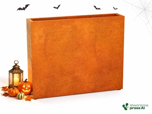 Donica metalowa Corten ESTRECHO 20  | wys. 120 cm, szer. 150 x 30 cm | – jesienna aranżacja Halloween (AI)